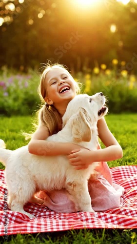 Happy girl playing with her adorable puppy on a sunny day in the park.