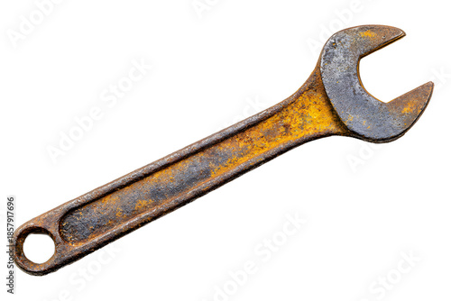 Rusty wrench placed on a white background shows signs of wear and age from many years of use in various mechanical tasks