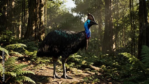 Large bird walks through lush green forest