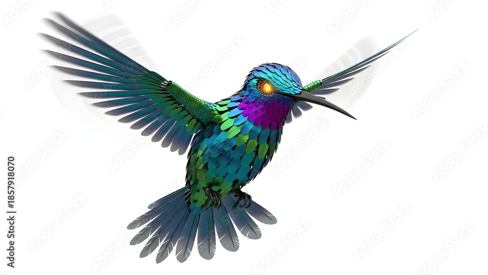 Obraz premium A vibrant hummingbird with iridescent feathers in flight isolated on white background