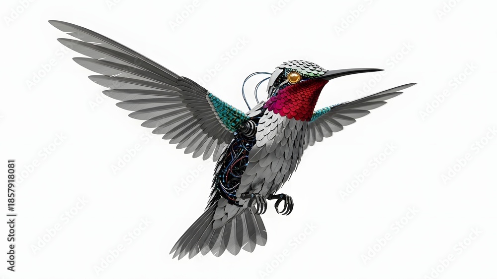 Obraz premium Hummingbird in flight with iridescent feathers isolated on white background