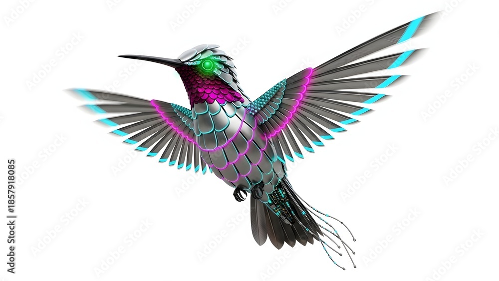 Obraz premium Hummingbird in flight with iridescent feathers isolated on white background