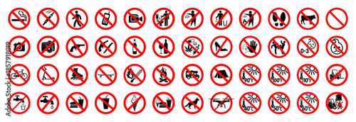 large set of common round prohibited not allowed not permitted signs in red circle symbols simple classic vector on transparent background