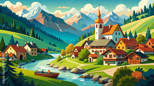 Very beautiful village landscape of Bad Aussee, Austria, with the Traun River flowing through traditional houses, green valleys, alpine mountains, and a calm, charming Central European atmosphere.