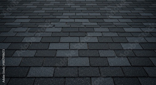 Detailed close-up of dark asphalt roof shingles creating a repeating pattern suitable for construction or home repair backgrounds ,house ,roof ,panel