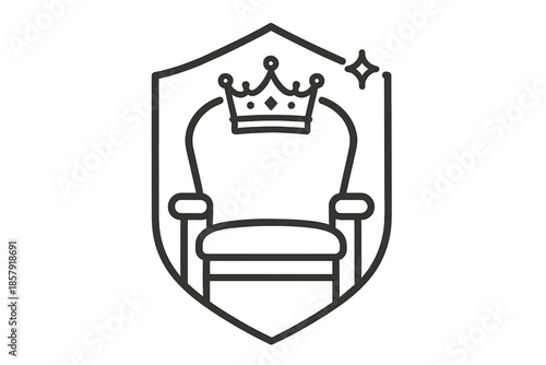 Monarch Throne Icons. Line style icons of Monarch Throne Crest: throne shape, royal crown, crest hint, cushion bend, frame arc,