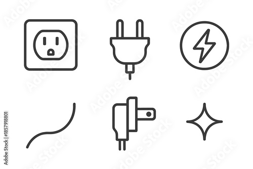 Energylink Line Icons. Line style icons of Energylink Outlet: outlet profile, plug tip, energy mark, wire sweep, prong ridge,