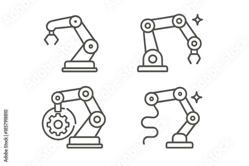 Armline Robot Icons. Line style icons of Armline Robot: robotic curve, pivot joints, future glint, gear hint, wire motion, subtle