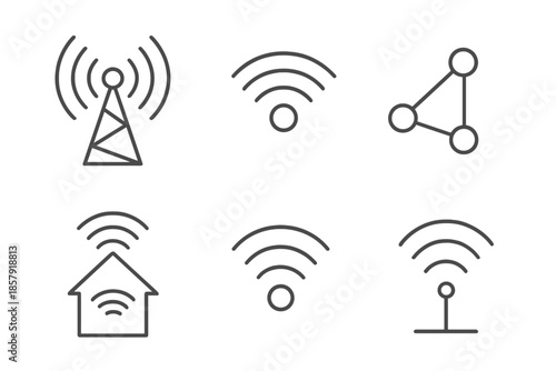 Wireless Network Icons. Wireless coverage point: Line style icons of coverage beacon, radiating arcs, mesh connector, home hub,