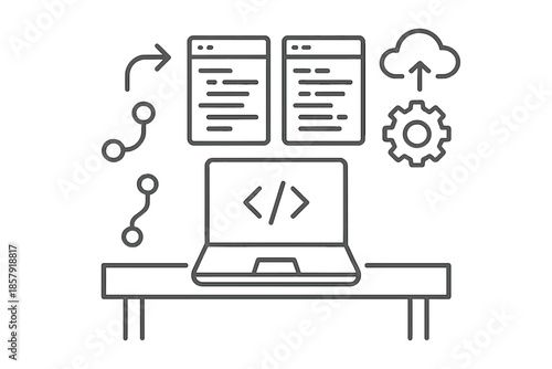 Developer Workspace Icons. Software development workspace: Line style icons of laptop on desk, dual code panels, gear settings,