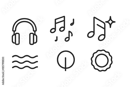Harmony in Line Art. Melodic getaway: Line style icons of sleek headphones, floating notes, gentle waves, harmony icon, tune spark