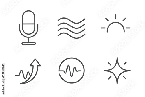 Line Style Audio Icons. Clear vocal output: Line style icons of condenser mic, smooth waves, clarity arc, sound lift, resonance