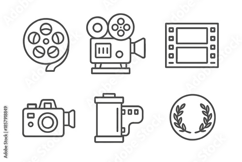 Cinematic Heritage Icons. Cinematic heritage: Line style icons of classic reel, old projector, movie frames, retro camera, film