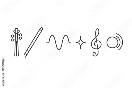 Line Style Harmony Icons. Classical string harmony: Line style icons of violin neck, smooth bow, harmonic waves, tone spark, music