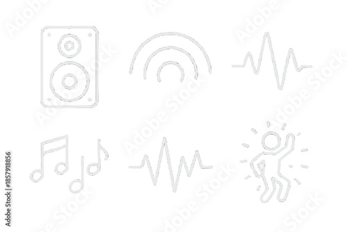 Neon Rhythm Energy. Night party resonance: Line style icons of club speaker, resonance arcs, neon pulse, rhythm symbols, energy