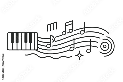 Musical Keyboard Icons. Keyboard melody flow: Line style icons of piano keys, flowing notes, rhythm bars, harmony line, tone spark