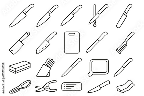 Cutting Tools Icons. Line style icons of Culinary Cutting Tools: chef knife, boning knife, paring knife, bread knife, cleaver,