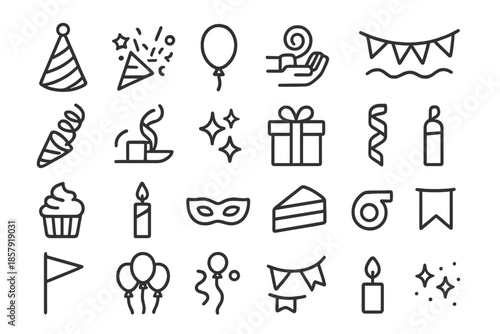 Celebration Line Icons. Line style icons of Fun Celebration Tools: party hat, confetti, balloon, hand hold, streamer, celebration