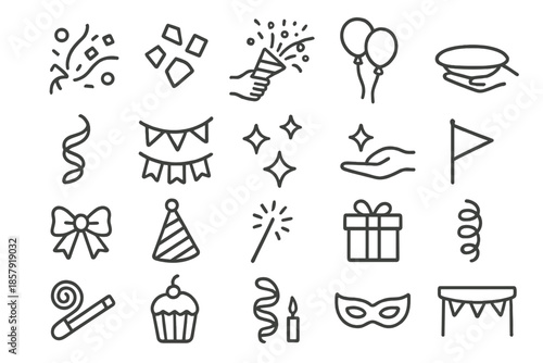 Festive Decoration Icons. Line style icons of Festive Decoration Tools: confetti, colorful paper pieces, party popper, hand hold,