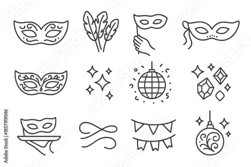 Party Mask Icons. Line style icons of Party Mask Set: masquerade mask, decorative feathers, hand hold, ribbon tie, ballroom mask,