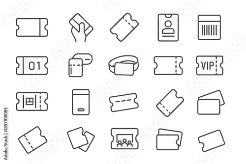 Event Ticket Icons. Line style icons of Event Ticket Set: ticket stub, hand hold, perforated edge, event pass, barcode, seat