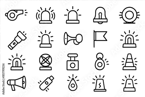 Personal Safety Icons. Line style icons of personal safety alerts: Whistle, Alarm, Bell, Siren, Panic Button, Flashlight, Safety