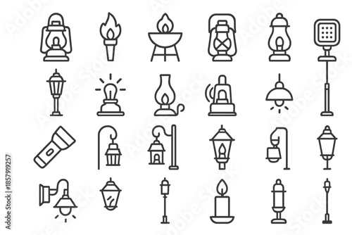 Outdoor Lighting Icons. Line style icons of outdoor lighting: Camping Lantern, Torch, Fire Pit, Lantern, LED Light, Street Lamp,