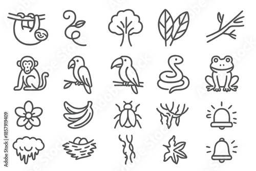 Jungle Icons Collection. Line style icons of jungle foliage: Sloth, Vine, Tree, Leaves, Branch, Monkey, Parrot, Toucan, Snake,