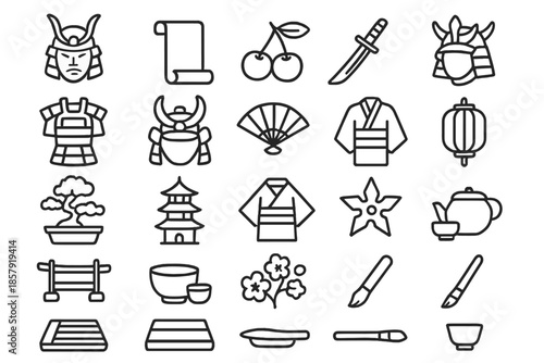 Japanese Tradition Icons. Line style icons of Japanese tradition: Samurai, Scroll, Cherry, Katana, Armor, Helmet, Fan, Lantern,