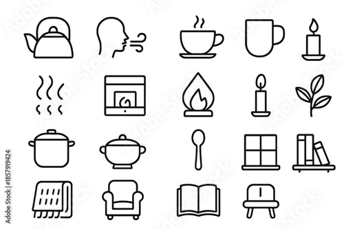 Cozy Living Icons. Line style icons of cozy living essentials: Kettle, Whisper, Brick, Teacup, Mug, Steam, Stove, Fireplace,
