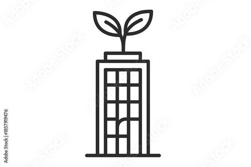 Indoor Tree Urban Growth. Line vector icons of a growing tree inside an urban building: indoor tree growth, city tower outline,