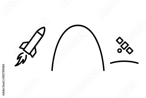 Aerospace Ascent Icons. Line vector icons of aerospace ascent concept: rising rocket, altitude arc, propulsion flame, thin orbit