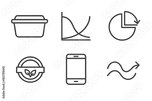 Leftover Management Icons. Line vector icons of leftover-management tool: food container, tracking curve, minimize-waste ring,