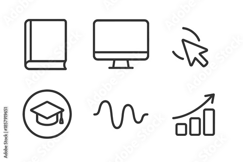 Digital Learning Icons. Line vector icons of digital knowledge building: book frame, screen contour, cursor arc, learning ring,