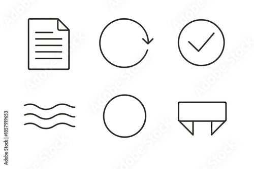 Credibility Audit Icons. Line vector icons of information credibility audit: document outline, audit loop, verified arc, truth