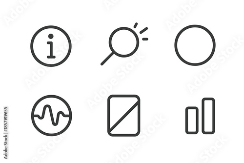 Source Clarity Icons. Line vector icons of source clarity indicator: info outline, magnifier glow arc, transparent ring, insight