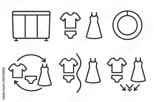 Laundry Category Icons. Line vector icons of laundry category selector: sorter frame, clothing icons, selection arc, split ring,