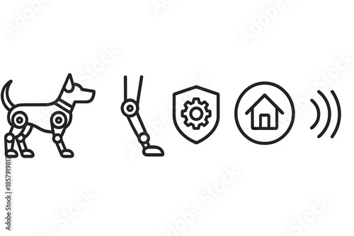 Robo-Dog Icon Design. Line vector icons of domestic helper robo-dog: dog silhouette, jointed robotic limbs, sensor arc, utility