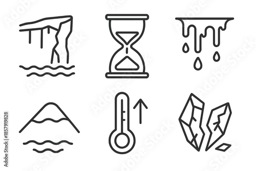 Melting Ice Icons. Line vector icons of disappearing frozen landscapes: collapsing ice cliff, time-symbolic hourglass, soft