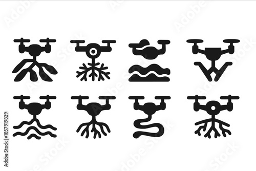 Intelligent Drone Icons. Solid style icons of intelligent topographic drones: branching terrain UAV, stream-nerve mapping system,