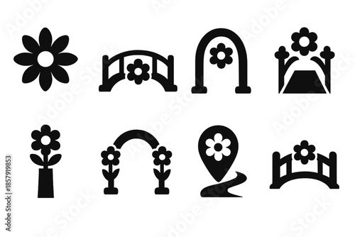 Solid Floral Icons. Solid style icons of guiding floral structures: radiant petal form, flower light bridge, blooming navigation