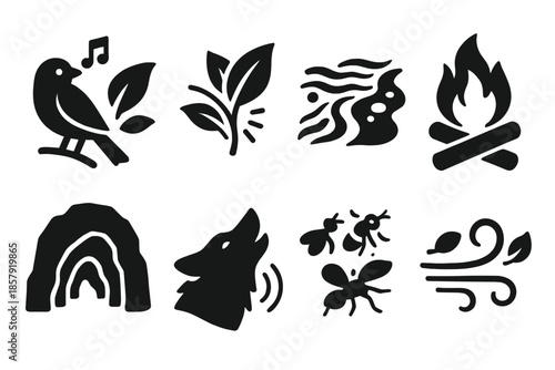Forest Sound Icons. Solid style icons of forest sounds: chirping bird, rustling leaves, flowing stream, crackling fire, echoing