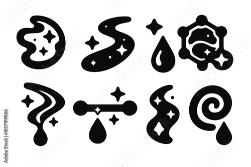 Celestial Nectar Icons. Solid style icons of celestial nectar networks: luminous fluid field, glowing starlight stream, radiant