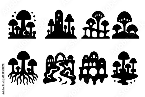 Otherworldly Mycelium Cities. Solid style icons of otherworldly mycelium cities: spore skyline, glowing towers, fungal bridge