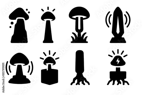 Magnetic Mushroom Monoliths. Solid style icons of magnetic mushroom monoliths: towering spore stone, glowing fungal obelisk,