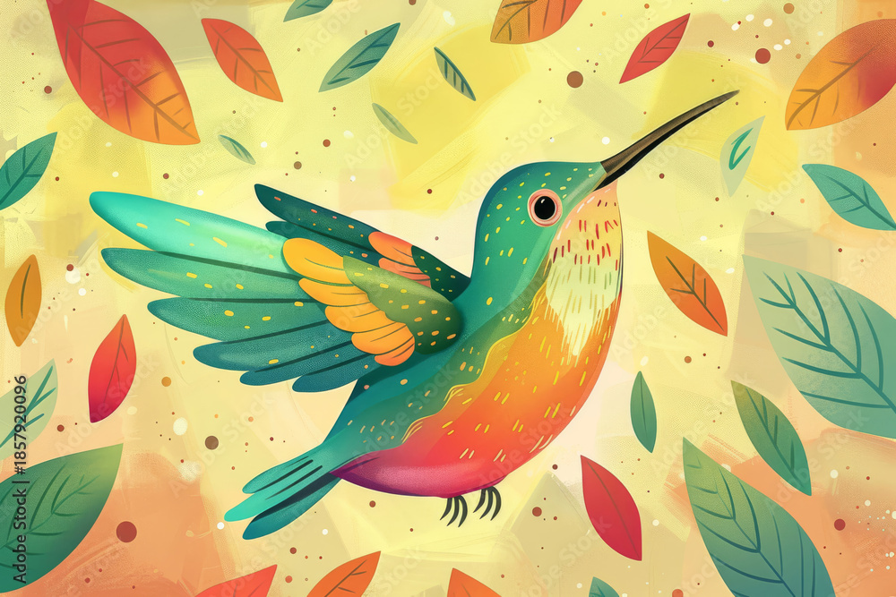 Fototapeta premium Bright Hummingbird Hovering Against Sunrise Backdrop With Soft Floral Elements And Cheerful Mood