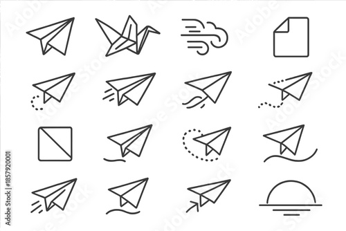 Paper Flight Icons. Line style icons of paper flight: paper plane, flying crane, gust wave, folded sheet, air trail, loop line,