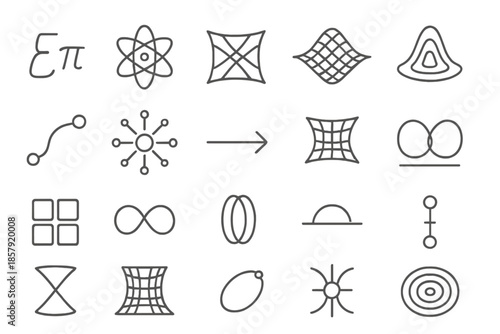 Theoretical Science Icons. Line style icons of theoretical science: formula, atom, quantum field, wave grid, probability map,