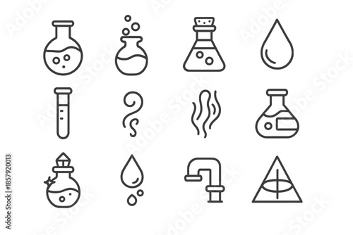 Alchemy Icon Collection. Line style icons of flasks and potions: round-bottom flask, bubbling liquid, cork seal, triangle flask,