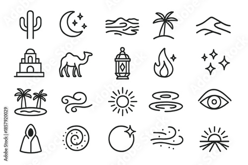 Mystical Desert Icons. Line style icons of mystical desert scenes: cactus, moon, mirage, palm, dune, temple, camel, lantern, flame